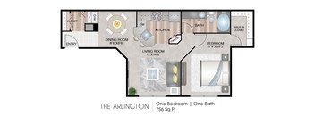 A floor plan of a one bedroom apartment with one bath.