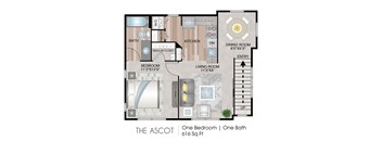 A floor plan of a one bedroom apartment with one bath.