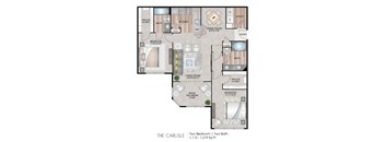 A floor plan of a two bedroom, two bath apartment.