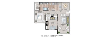 A floor plan of a one bedroom apartment with one bathroom.