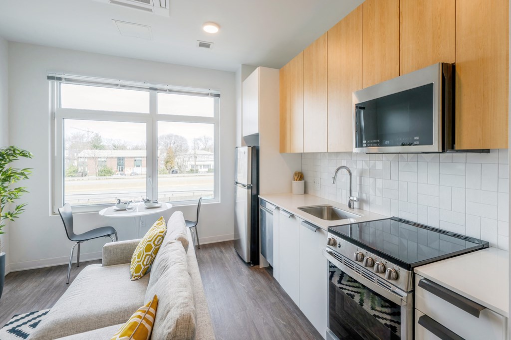 a living room with a couch and a kitchen with a sink at The Indie, Massachusetts, 02134