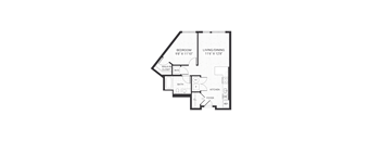 A floor plan of a house with a bedroom, living/dining area, bathroom, kitchen, and foyer.