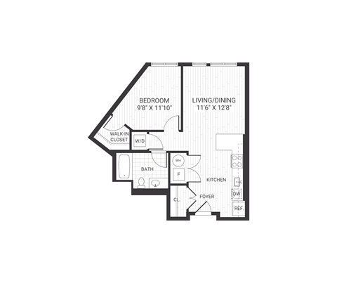 A floor plan of a house with a bedroom, living/dining area, bathroom, kitchen, and foyer.