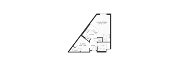 A floor plan of a small house with a living/dining area, kitchen, bathroom, and closet.
