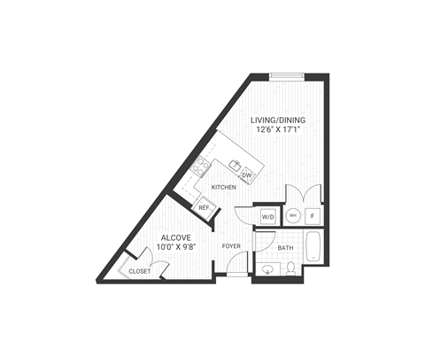 A floor plan of a small house with a living/dining area, kitchen, bathroom, and closet.