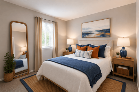 A bedroom with a large bed, a mirror, and a painting on the wall.