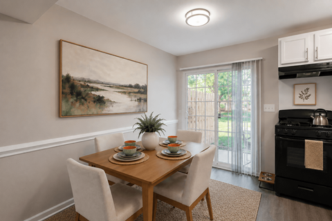 A dining room with a wooden table set for two.