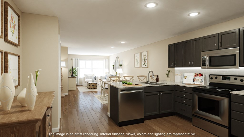 a rendering of a kitchen and living room in a model home