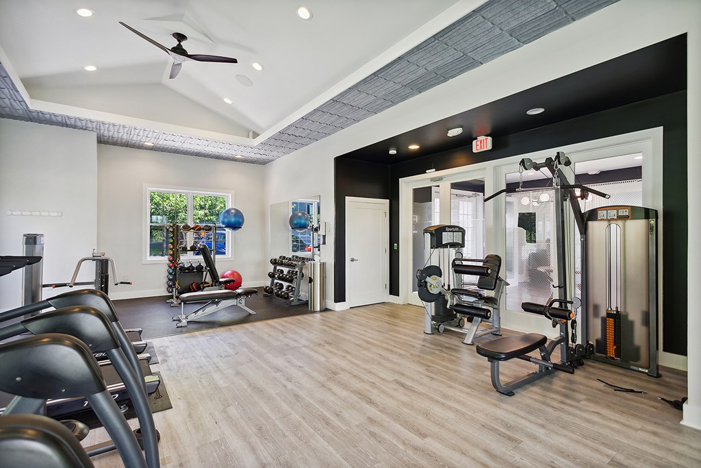 A gym with a variety of equipment including weights and cardio machines.