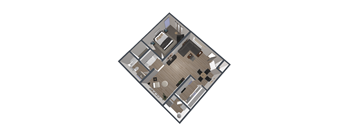 A 3D floor plan of a house with a kitchen, living room, and bedrooms.