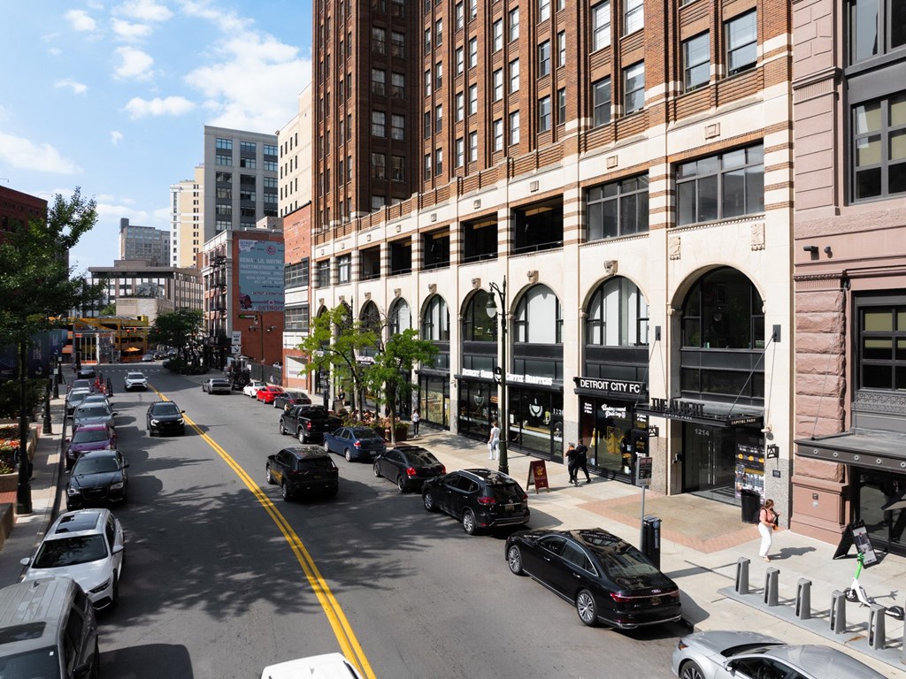 a view of a parking lot with a checkered