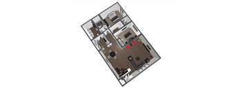 A 3D floor plan of a house with a kitchen, living room, and two bedrooms.