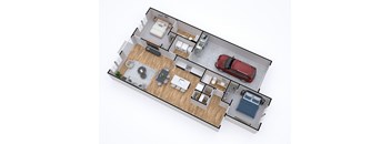 A top-down view of a house layout with two bedrooms, a living room, a kitchen, a dining area, and a garage.