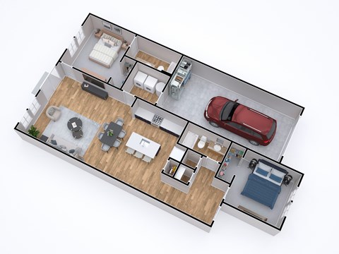 A top-down view of a house layout with two bedrooms, a living room, a kitchen, a dining area, and a garage.