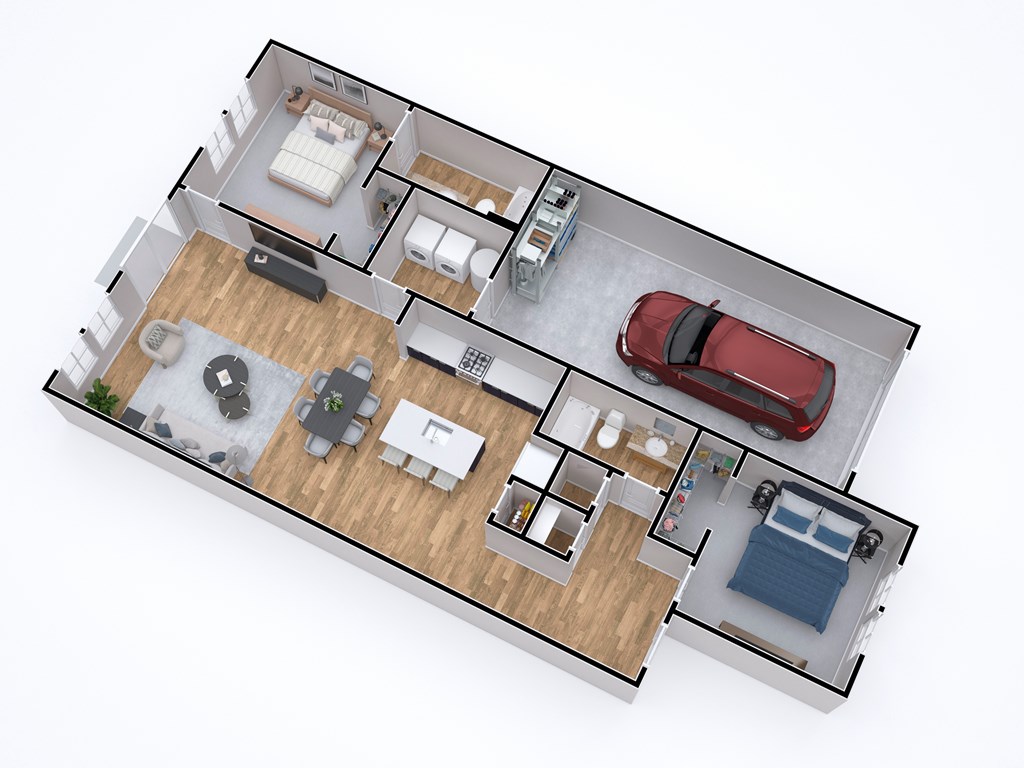 A top-down view of a house layout with two bedrooms, a living room, a kitchen, a dining area, and a garage.