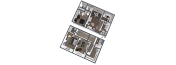 A 3D floor plan of a two-story residential building.
