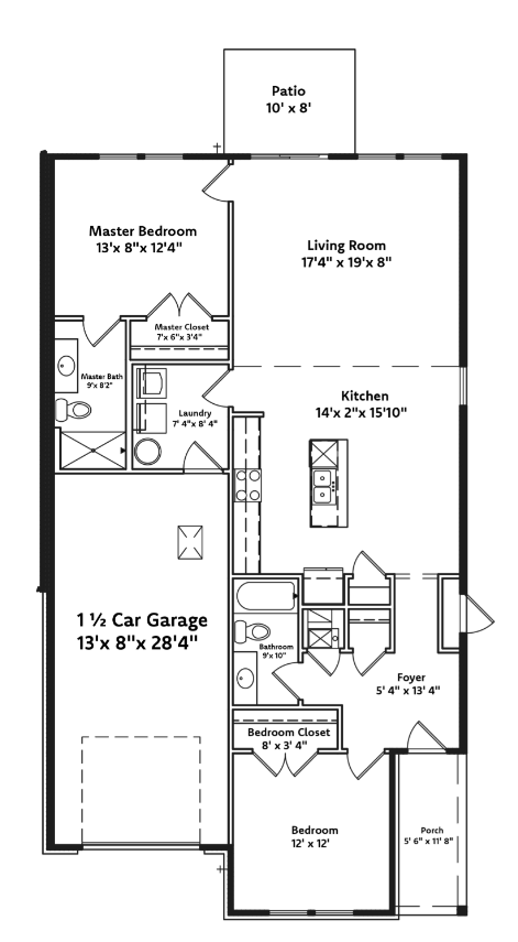 A floor plan of a house with a master bedroom, living room, kitchen, and two bathrooms.