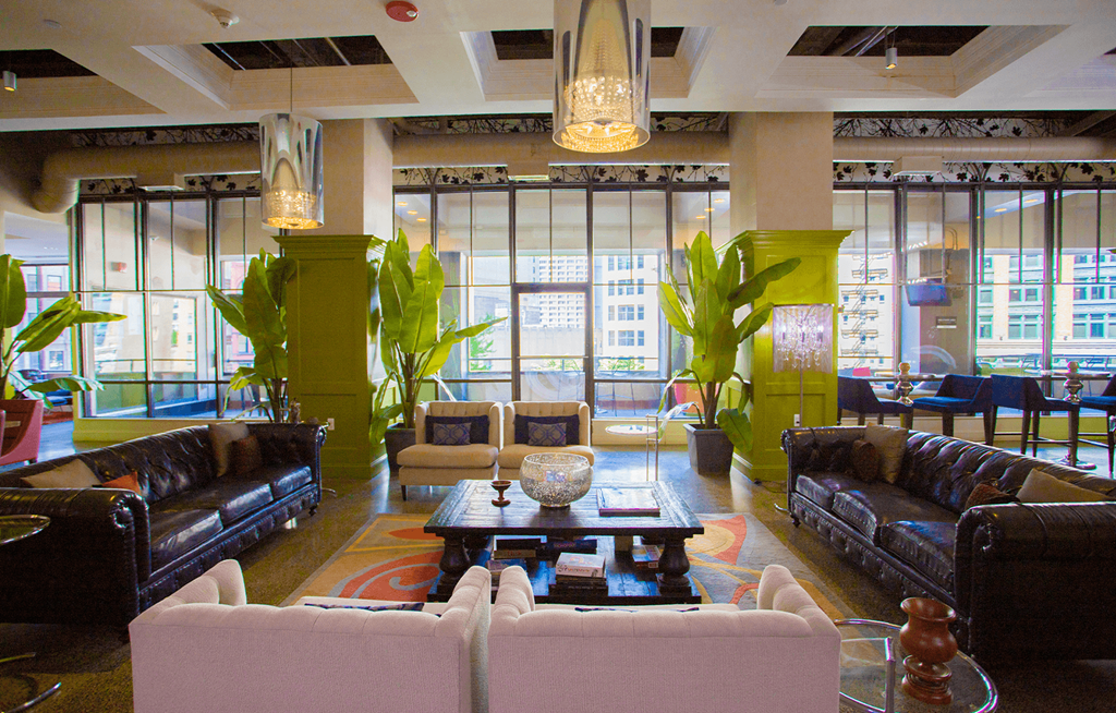 a large room with couches and a coffee table