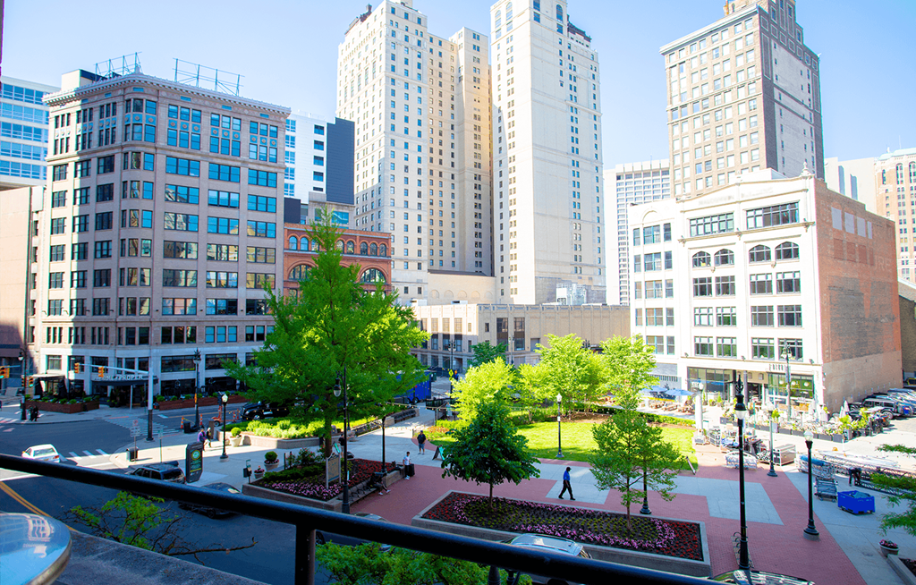 a view of downtown atlanta from a balcony