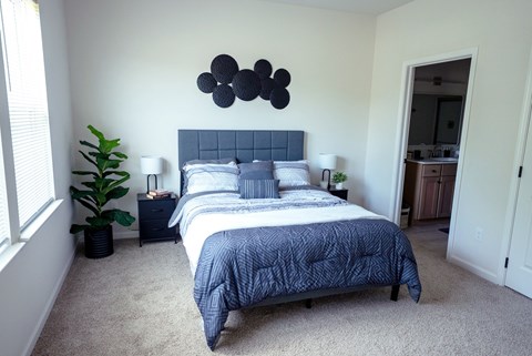 A bedroom with a large bed and a plant.