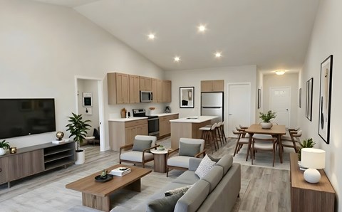 A modern living room with a grey sofa and wooden furniture.