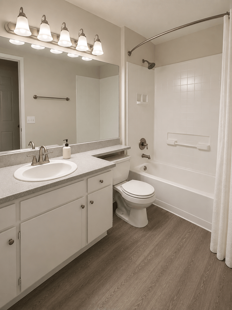 A white bathroom with a toilet, sink, and shower.