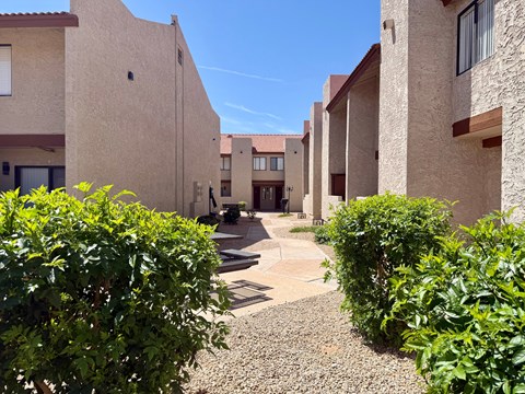 A sunny day in a courtyard surrounded by beige buildings.