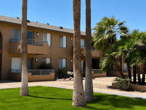 A row of apartment buildings with balconies and palm trees in front.