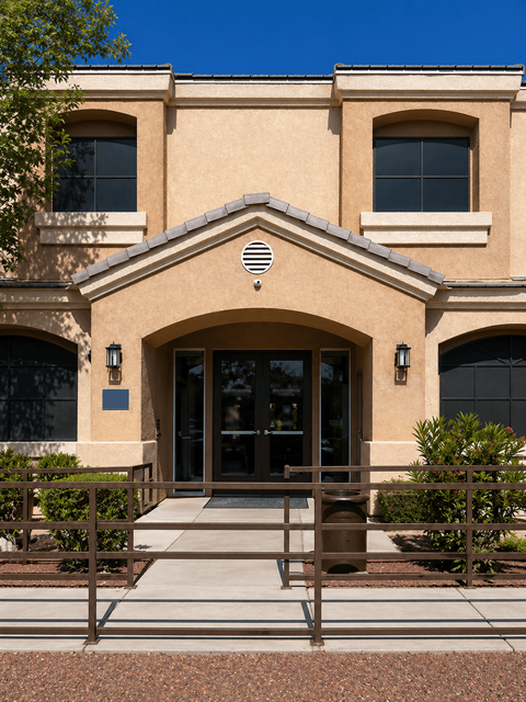 A building with a brown facade and a large arched entrance.