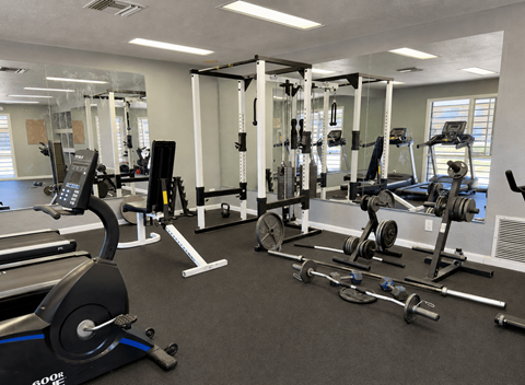 A gym with a variety of equipment including treadmills, weight machines, and free weights.