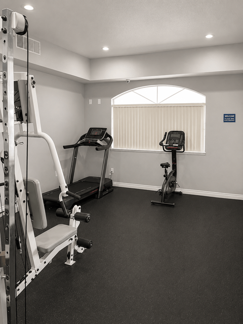 A gym with a treadmill, elliptical trainer and a lat pulldown machine.