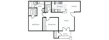A floor plan of a house with two bedrooms, a living room, a dining area, a kitchen, a bathroom, a walk-in closet, and a patio/balcony.