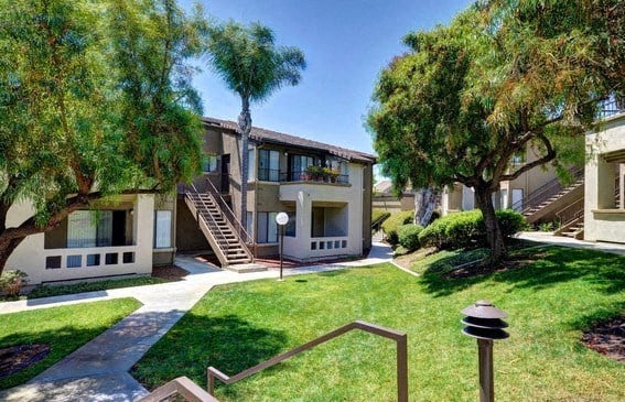 the backyard of a house with a yard and trees