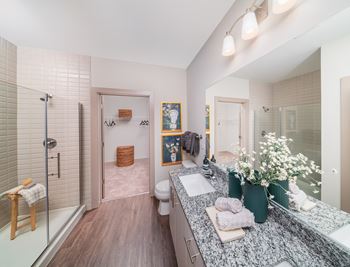 A bathroom with a walk-in shower and a double sink vanity.
