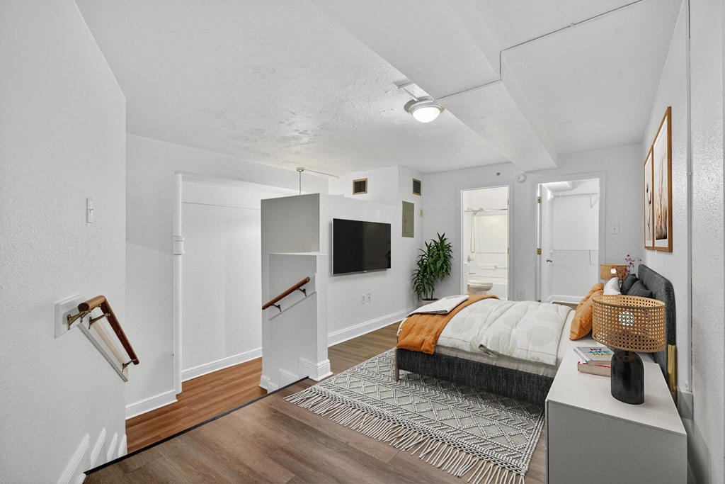 A bedroom with a bed, a TV, and a plant.