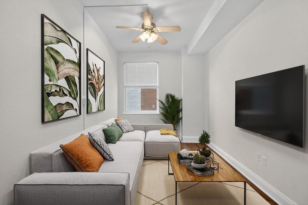 A living room with a grey couch, a coffee table, a ceiling fan, and a flat screen TV mounted on the wall.