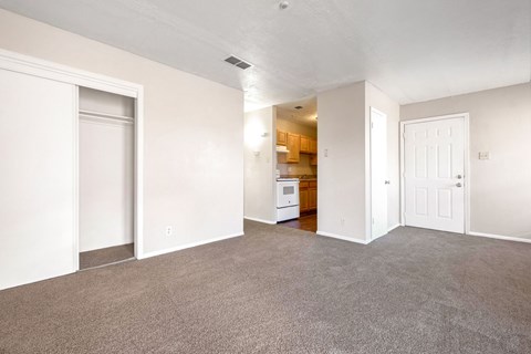 A spacious living room with a kitchen in the background.