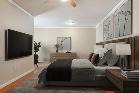 the master bedroom has a large bed and a tv