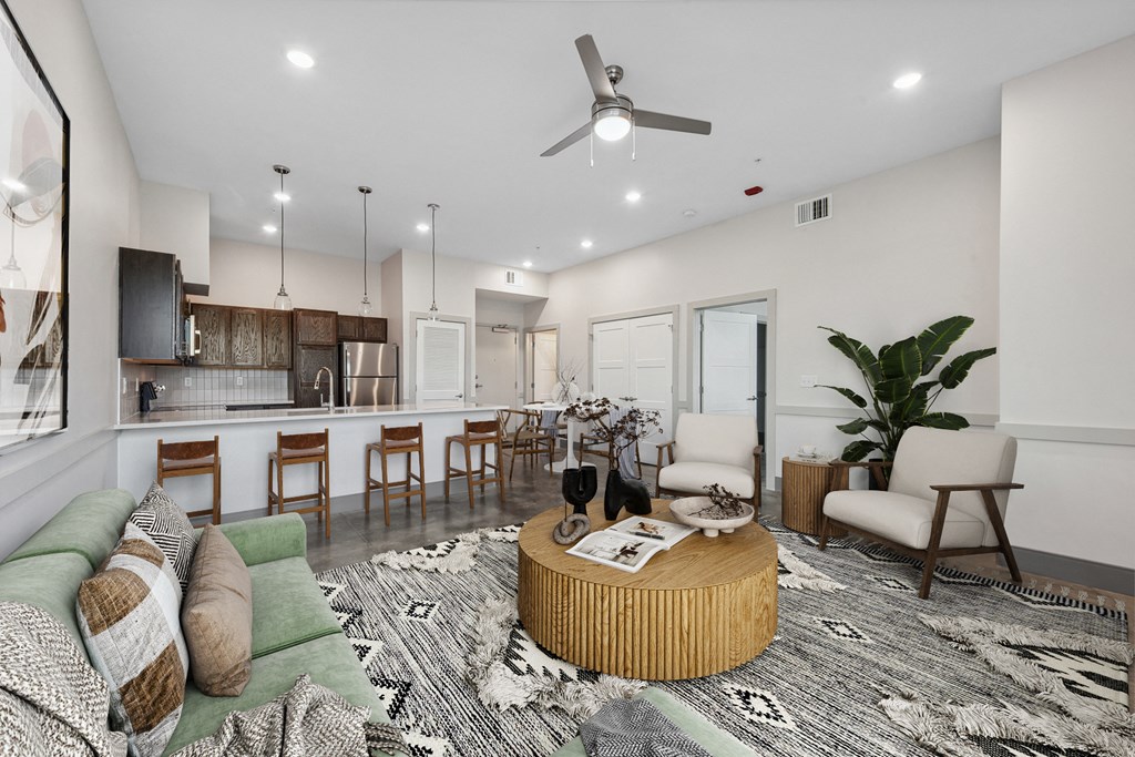 a living room with a couch and a table