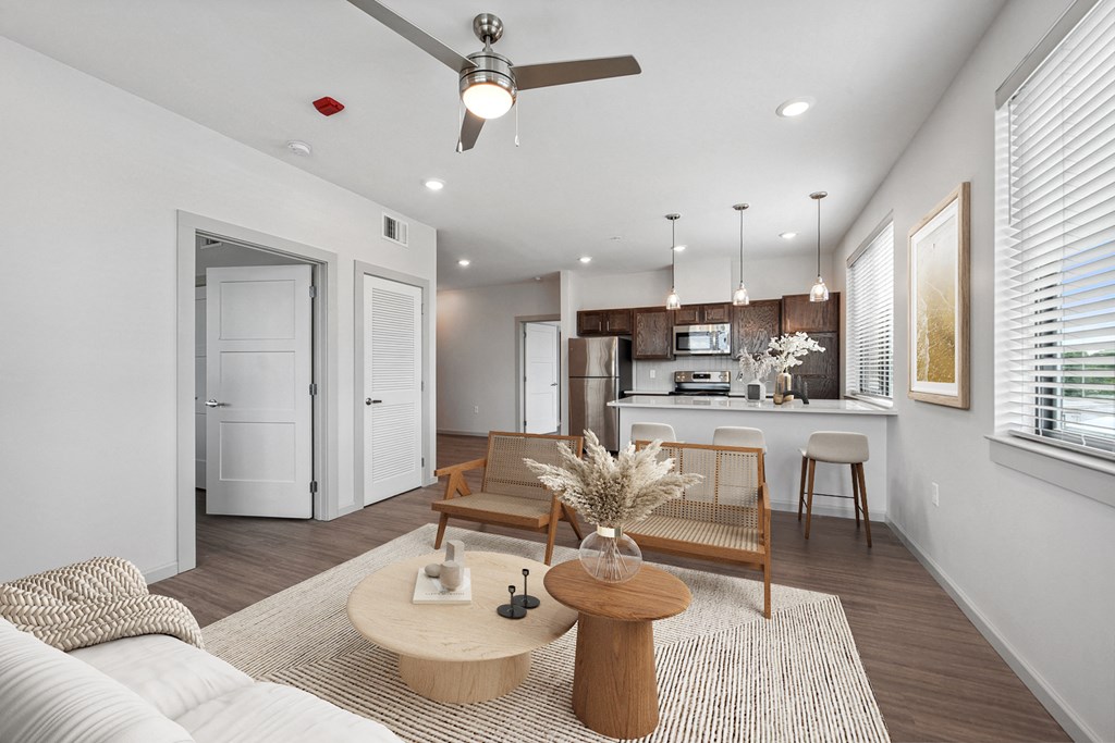 a living room with a couch and a table