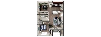 A top-down view of a small apartment with a kitchen, living room, and bathroom.