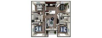 A top-down view of a small apartment with a bedroom, living room, kitchen, and bathroom.