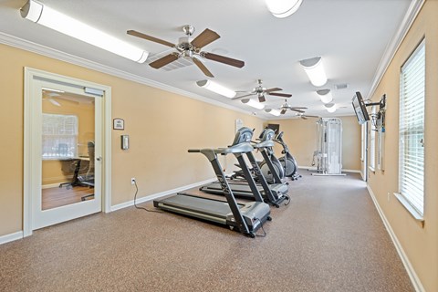 A spacious room with treadmills and exercise equipment.