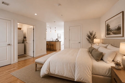 A bedroom with a large bed and a painting on the wall.