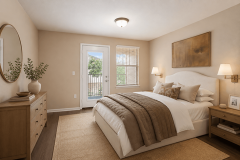 A bedroom with a bed, nightstand, and a mirror.