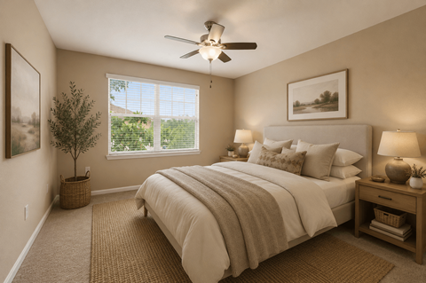 A bedroom with a large bed and a ceiling fan.
