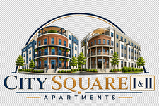 A logo for City Square I & II Apartments featuring a building.