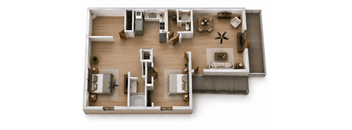 A top-down view of a house layout with a kitchen, living room, and two bedrooms.