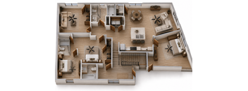 A 3D layout of a house with various rooms and furniture.