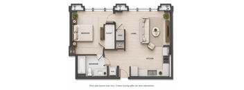 A floor plan of a small apartment with a bedroom, bathroom, kitchen, living room, and closet.